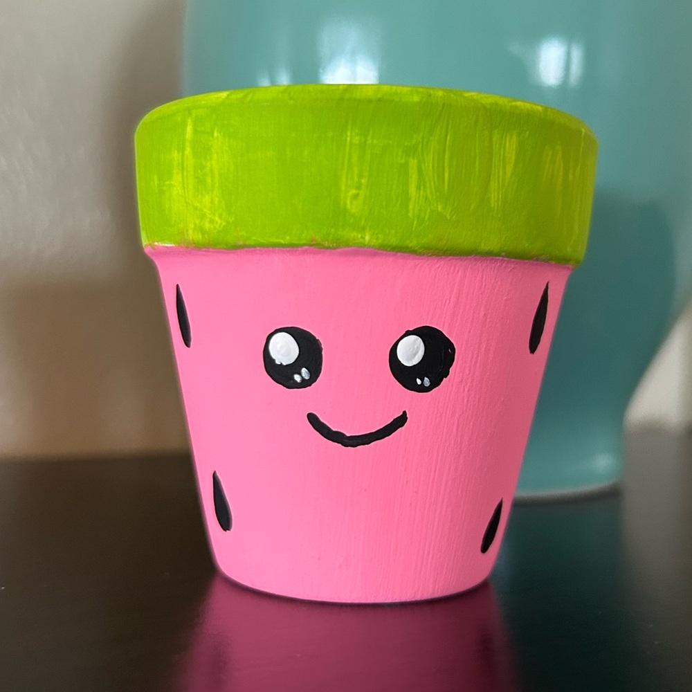 Handmade Watermelon Decorative Clay Terracotta Painted Pot Hot Pink Green Fruit
